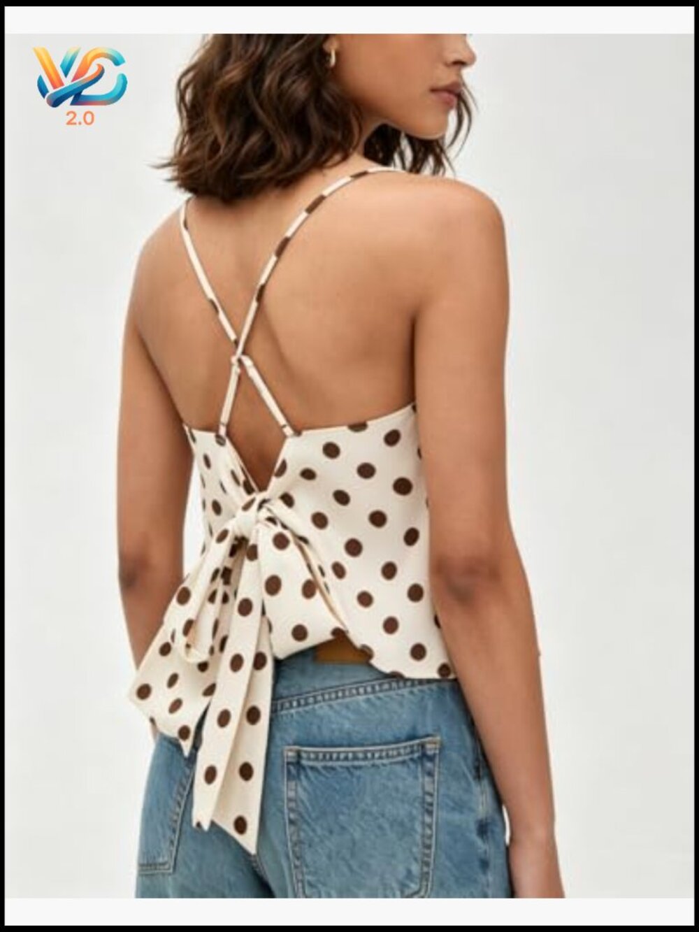 Polka Dot Satin Tank Top Cowl Neck Spaghetti Strap Camisole Tie Back Ruffle Hem - Picture 3 of 4